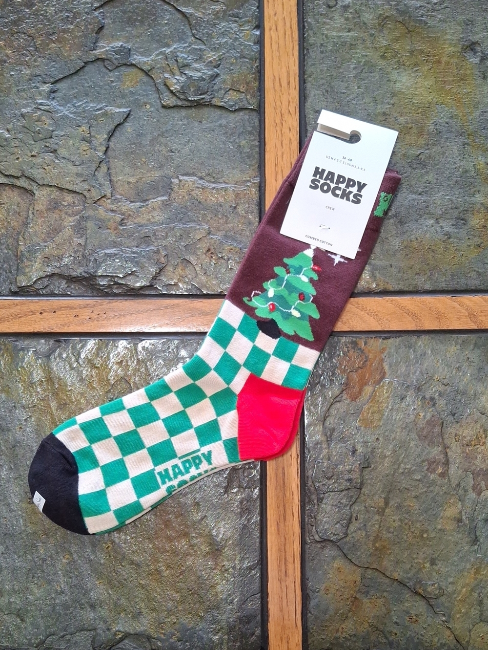 Happy Socks Green Checkerboard Crew Socks with Christmas Tree